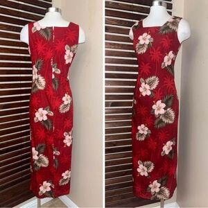 1990s 90s Vintage Red Hibiscus Floral Hawaiian Sleeveless Maxi Dress Side Slit S